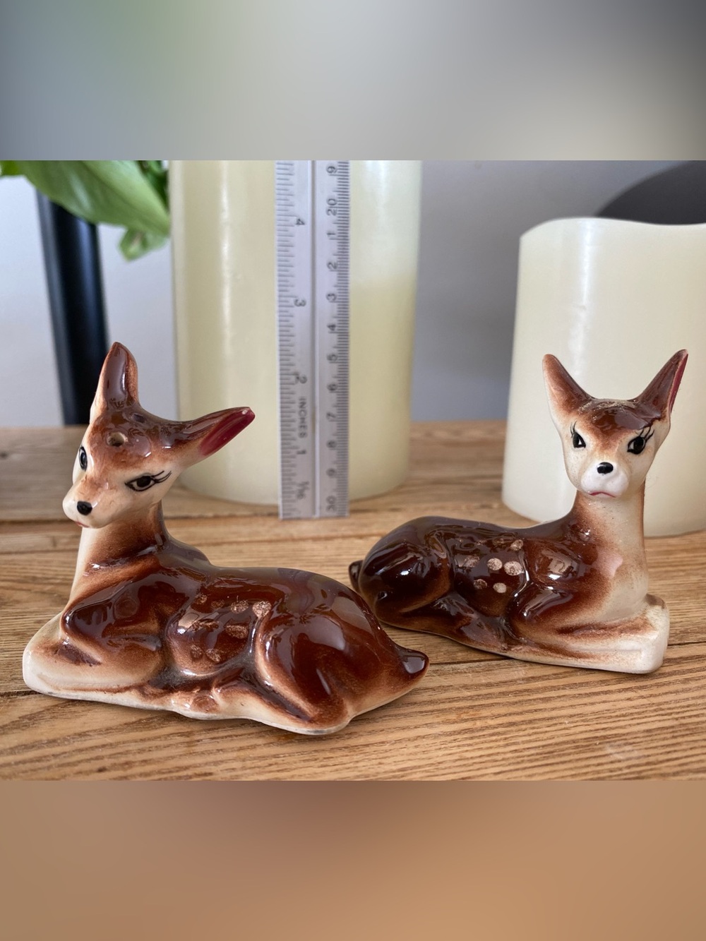 Vintage Ceramic Lying Deer Fawn Salt and Pepper Shakers Set Spotted Baby Deer